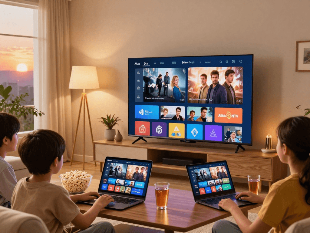 Vue d'une famille profitant d'Atlas pro sur une Smart TV, avec ambiance chaleureuse.