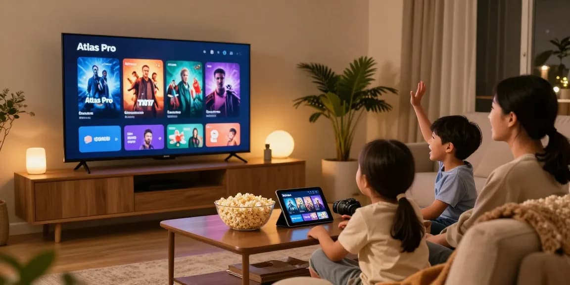 Famille profitant de l'application Atlas Pro pour une soirée cinéma à domicile, ambiance chaleureuse et conviviale.