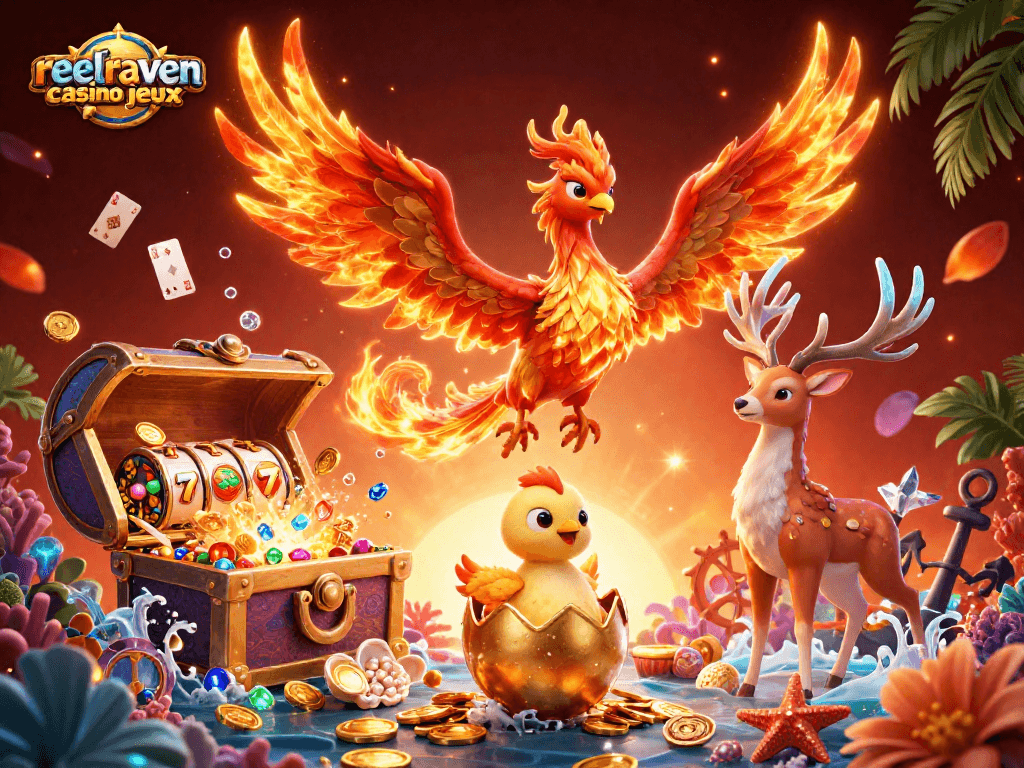 Découvrez les jeux de casino ReelRaven avec une scène dynamique pleine de chance et d'aventures.