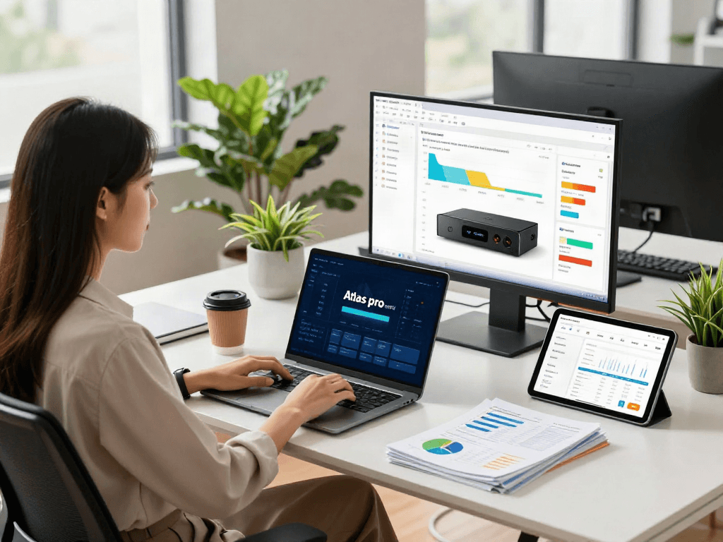 Interface de streaming Atlas pro ontv sur ordinateur dans un bureau moderne