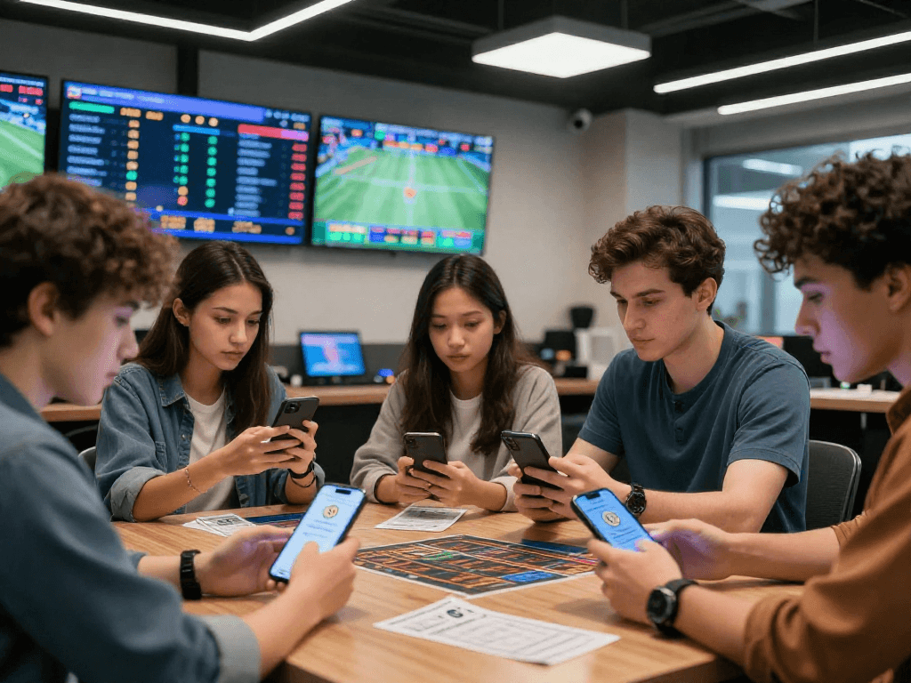 Paris sportif crypto : Groupe de parieurs discutant de stratégies de paris avec des écrans affichant des cotes en direct.