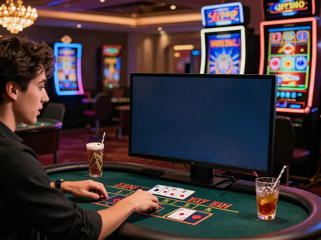 Une scène de casino en ligne, avec un joueur stylé s'immergeant dans un jeu avec croupier en direct, illustrant les Casinos Sans Dépôt.