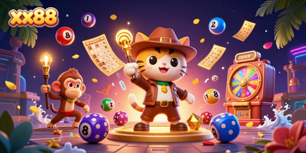 Capture the thrill of xx88 gaming with an explorer cat and a monkey, surrounded by vibrant casino elements.