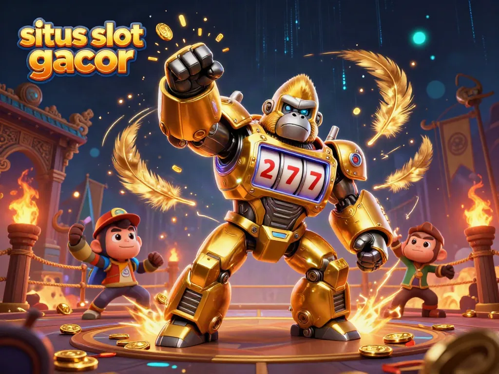 Engage with situs slot gacor in this vibrant 3D illustration featuring a golden gorilla mech and dynamic gaming elements.