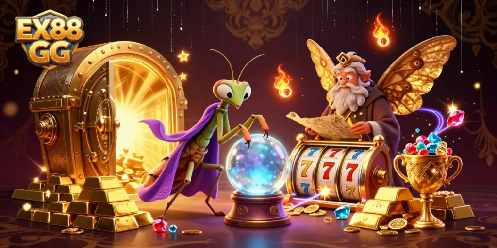 Engage in thrilling gameplay with EX88 GG's vibrant 3D illustration featuring a mystical fortune teller and slot machine elements.