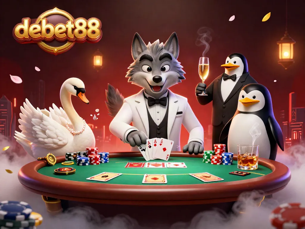 Experience debet88's exciting baccarat scene with a wolf, swan, and penguin dealers.