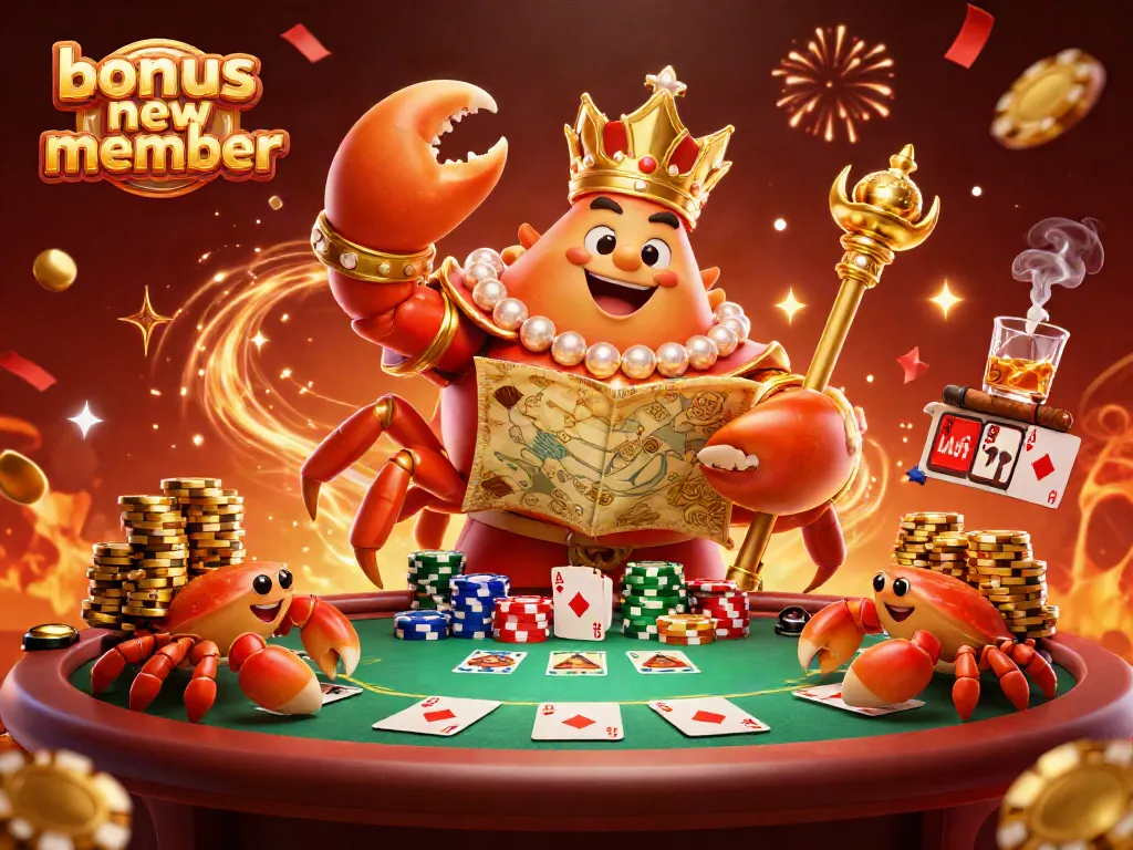 Engage in the excitement of the bonus new member promotion with a vibrant 3D casino scene featuring a golden crab emperor.