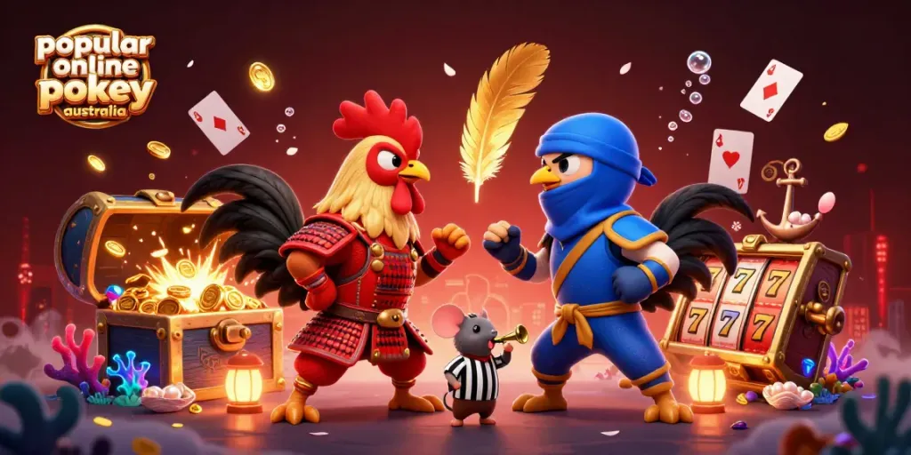 Engage with popular online pokies Australia through this dynamic 3D illustration of roosters in battle.