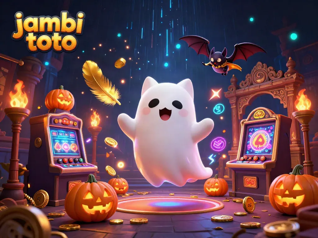 Spin the reels with jambi toto, where a ghost cat and bat navigate glowing gaming treasures.
