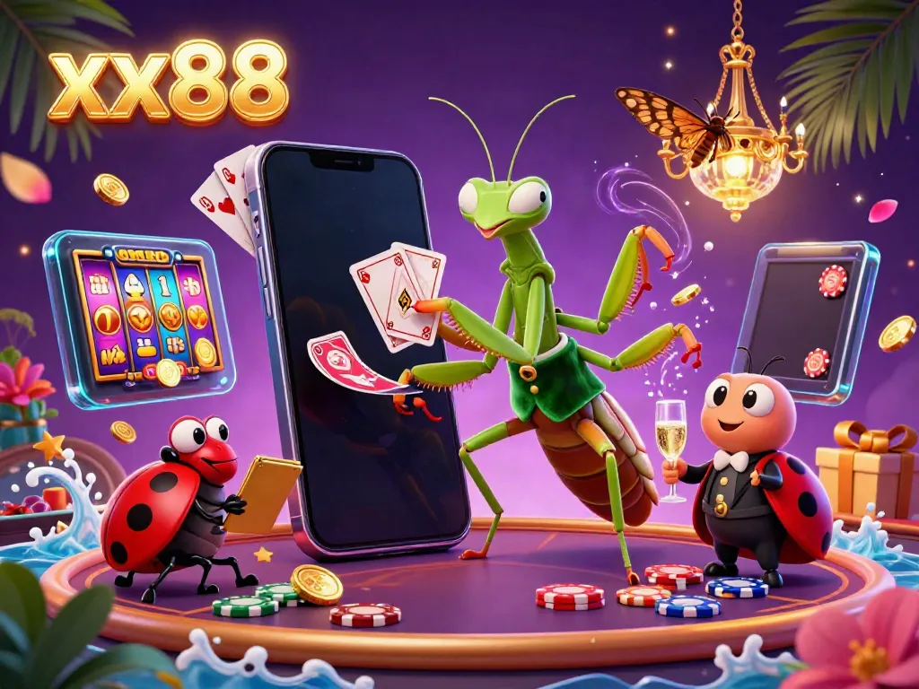 Experience the excitement at xx88 casino with a giant cartoon mantis dealer amidst vibrant slot games and luxurious decor.