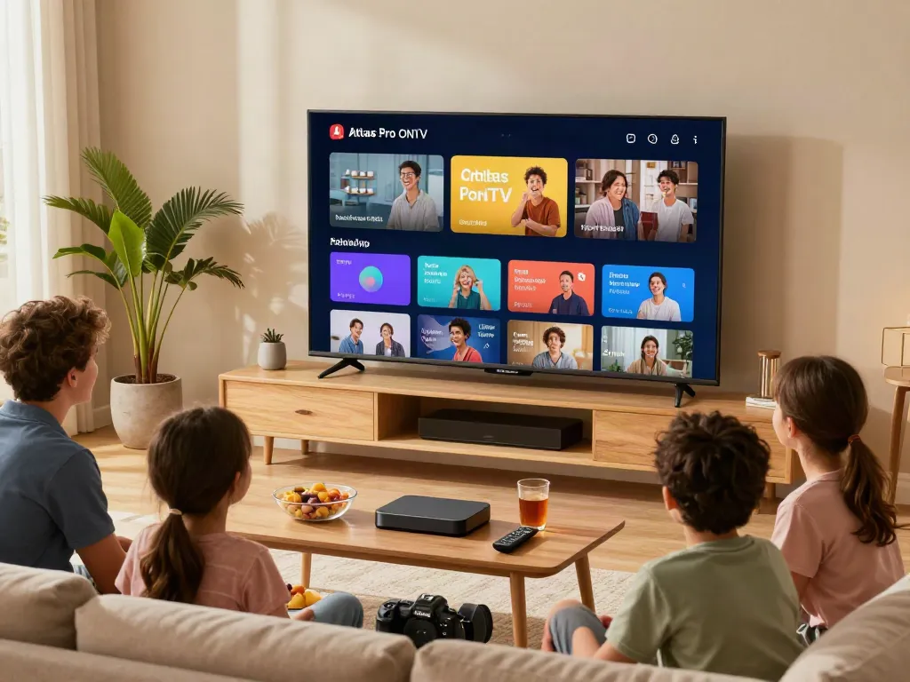 Famille utilisant l'application atlas pro ontv sur un téléviseur moderne dans un salon accueillant.