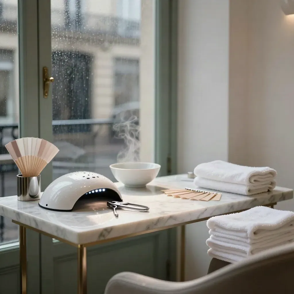 Salon de manucure parisien avec table en marbre, lampe UV et accessoires en lumière du matin.
