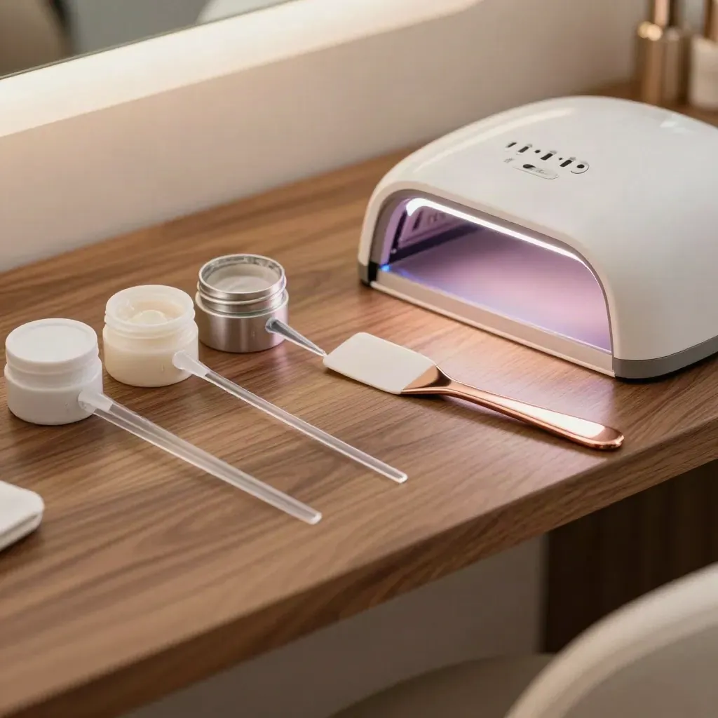 Extensions d’ongles en cours, tips longs, gel builder et lampe UV sur plan de travail.