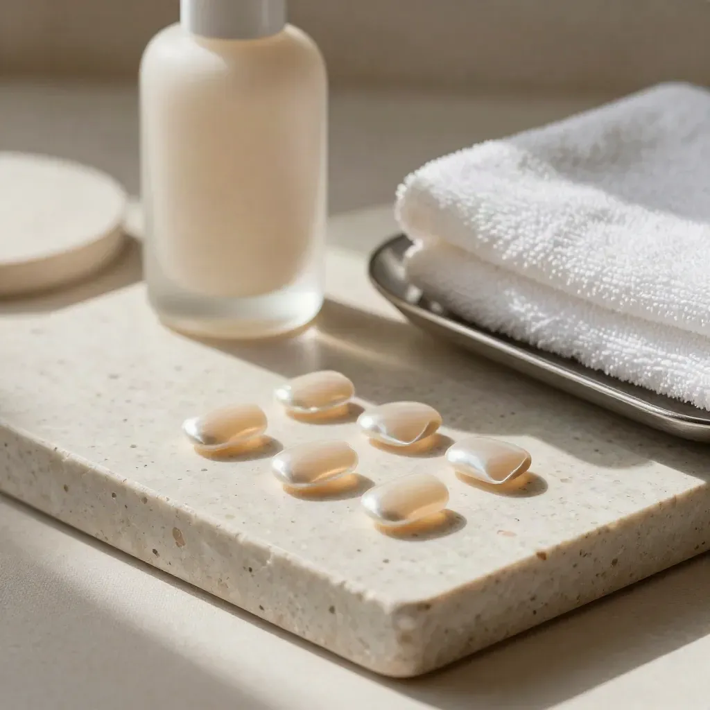 Capsules d’ongles beige sur pierre claire, crème main et serviette blanche, ambiance salon chic.