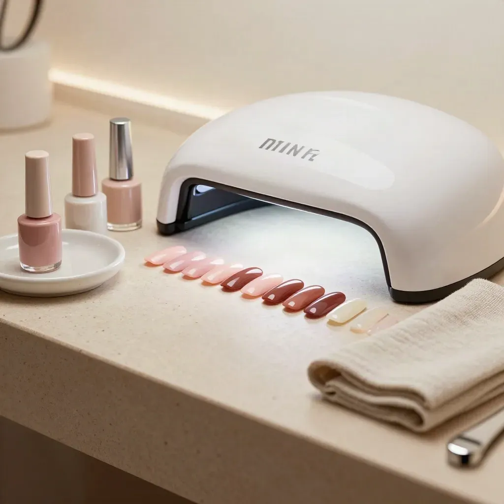 Capsules gel brillantes devant une lampe UV avec flacons de vernis sur un comptoir de salon.