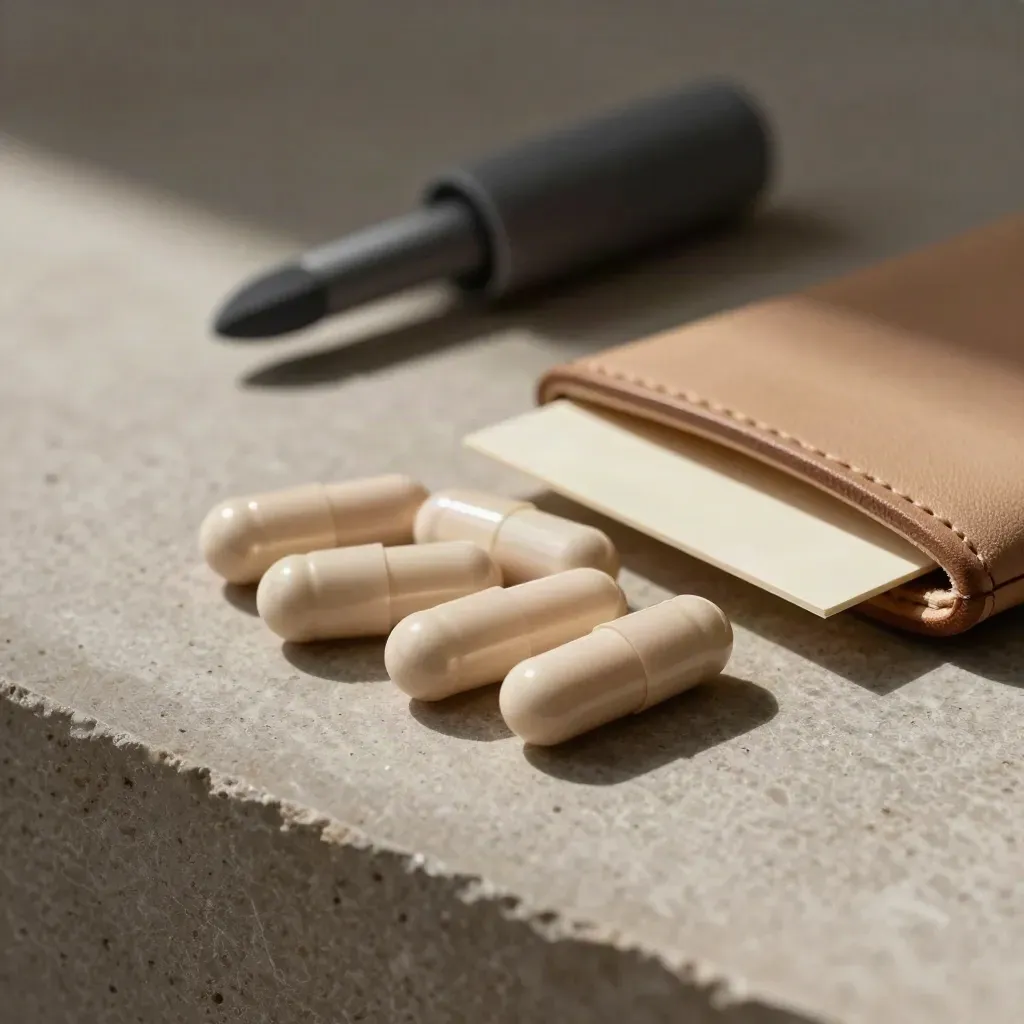 Capsules nude sur tuile de pierre, porte-cartes en cuir et accessoire sombre, lumière de jour calme.