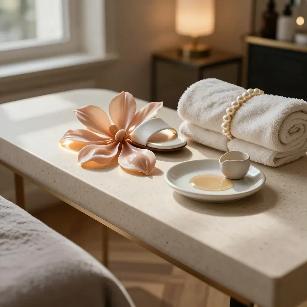 Capsules de pédicure nude, sandales blanches et serviettes spa pliées dans une lumière douce.