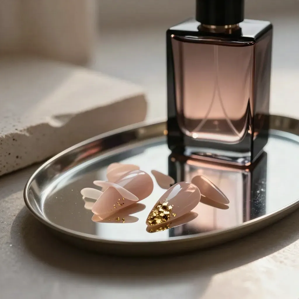 Capsules d’ongles longues avec feuilles d’or sur plateau miroir et flacon sombre.
