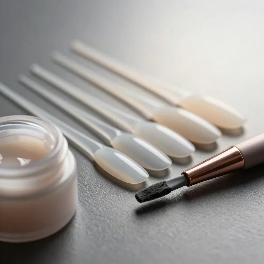 Kit de gel pour extensions d’ongles, pinceau et pot sur surface graphite.