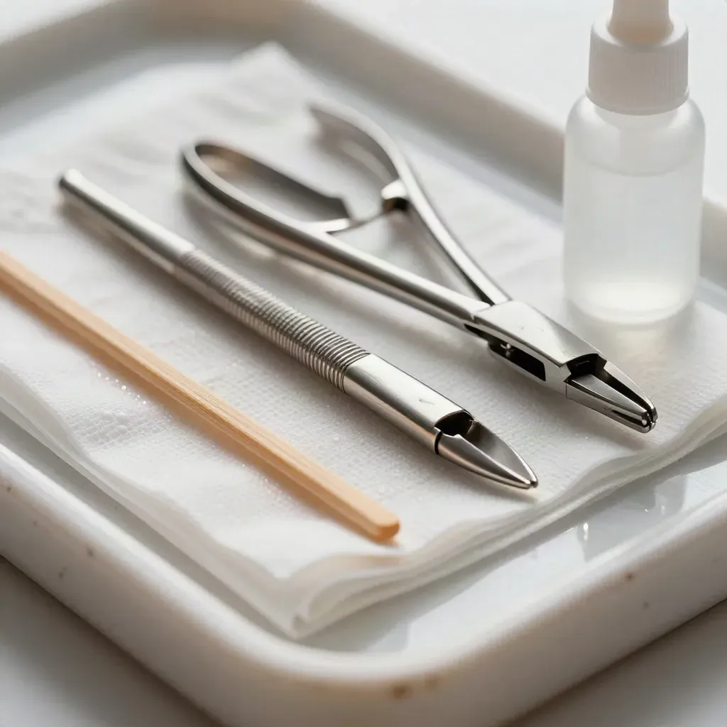 Kit stérile de soins des cuticules sur acier, avec pinces, bâtonnets, compresses et antiseptique.