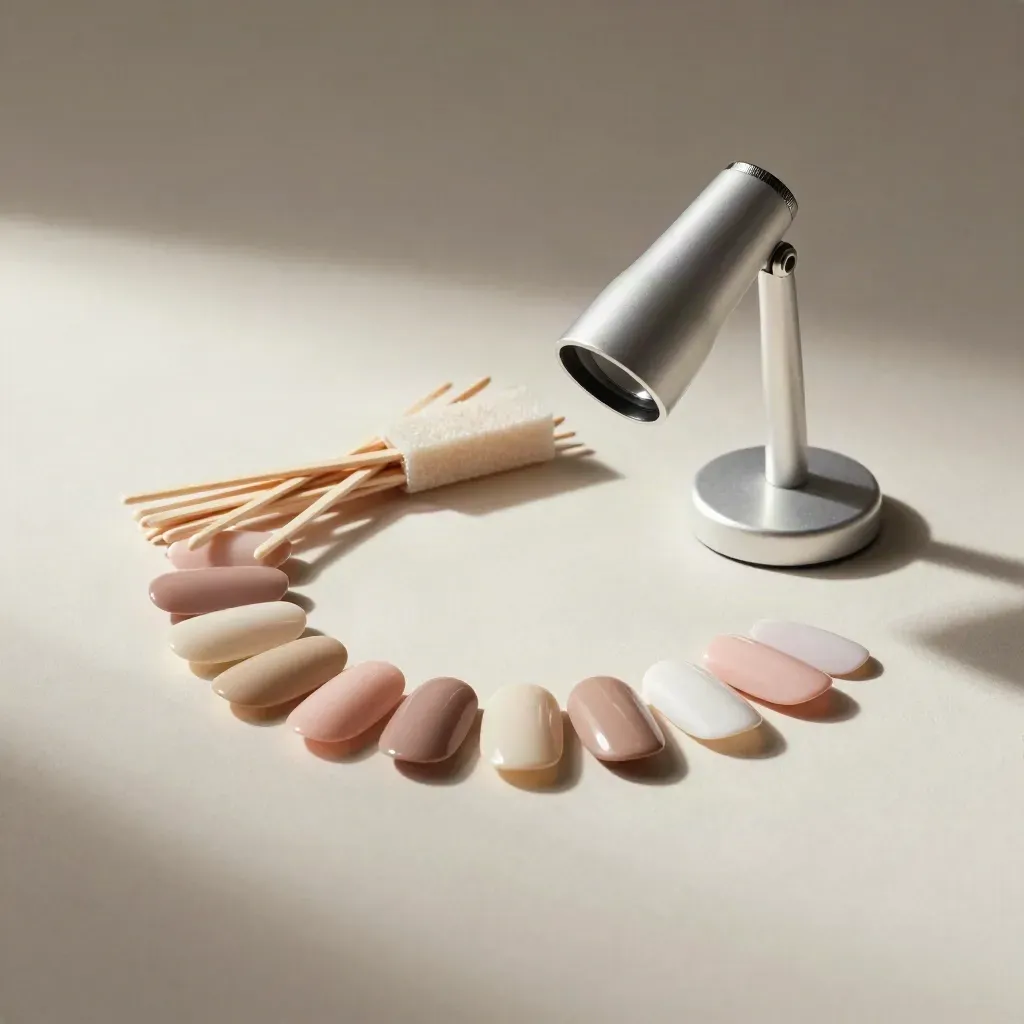 Anneaux d’échantillons d’ongles nus, lime fine et lampe d’inspection sur fond ivoire.