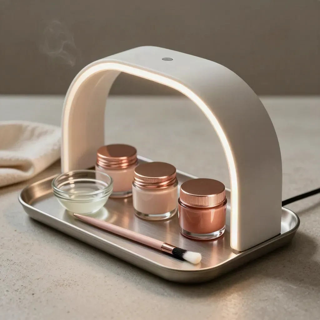 Lampe UV, pinceau gel, bol de dépose et pots brillants sur plateau métal.