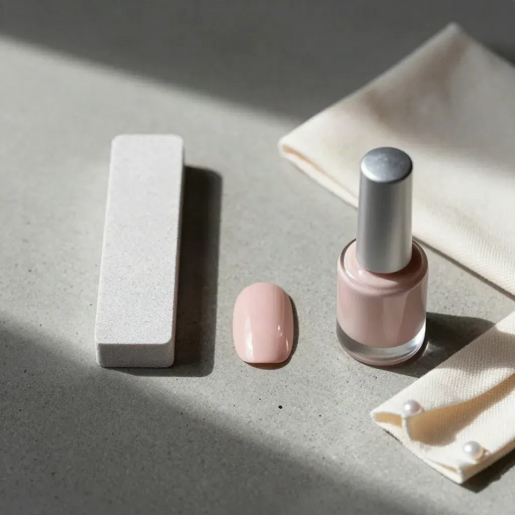 Capsule d’ongle vernie, bloc polissoir, chiffon et top coat sur béton clair.