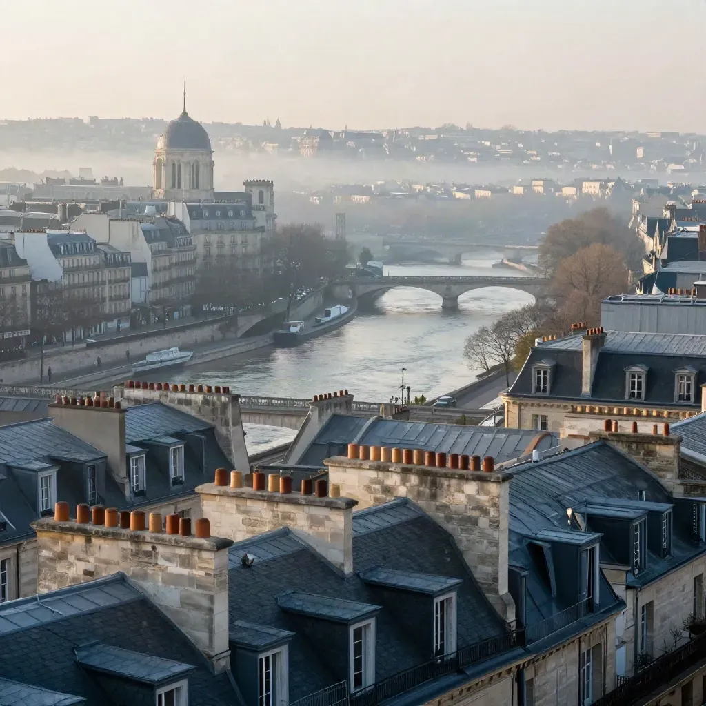 Vue brumeuse des toits de Paris Centre et de l’Île Saint-Louis au-dessus de la Seine à l’aube.