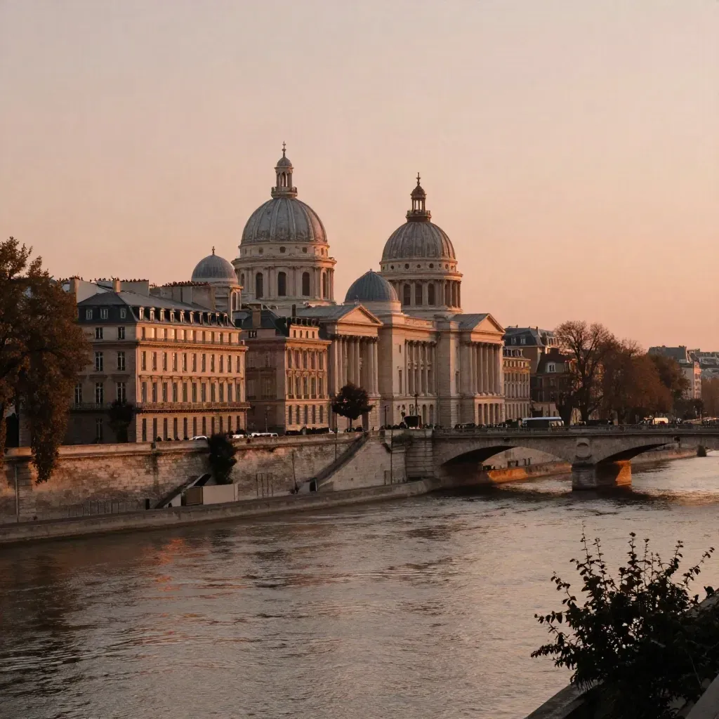 Vue dorée de la Rive Gauche avec dômes de pierre et ponts au coucher du soleil.