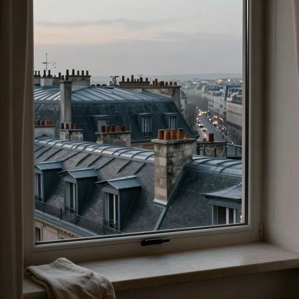 Toits haussmanniens de la Rive Droite au bleu du soir, vus depuis une fenêtre d’étage.