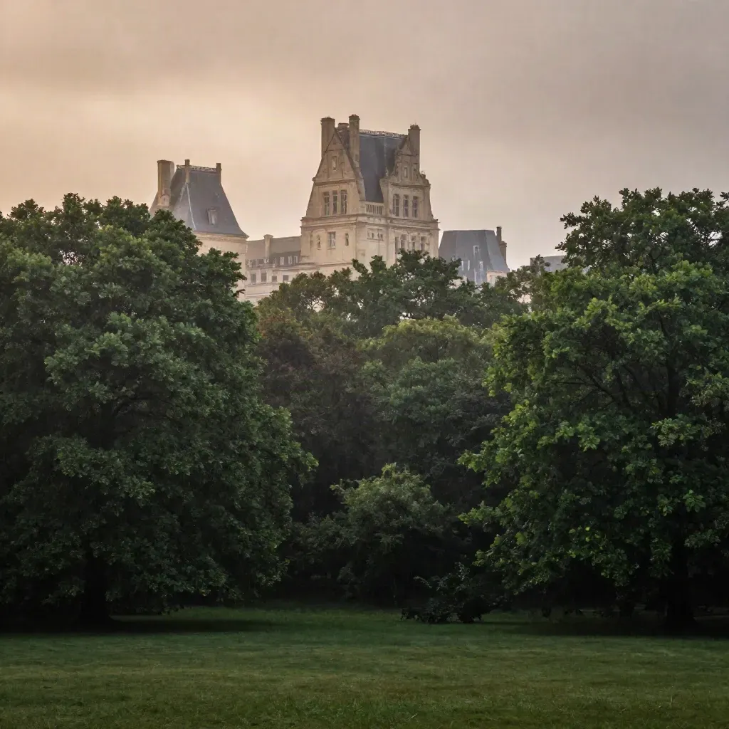 Canopée humide de l’Est parisien avec les tours de Vincennes dans la brume dorée.