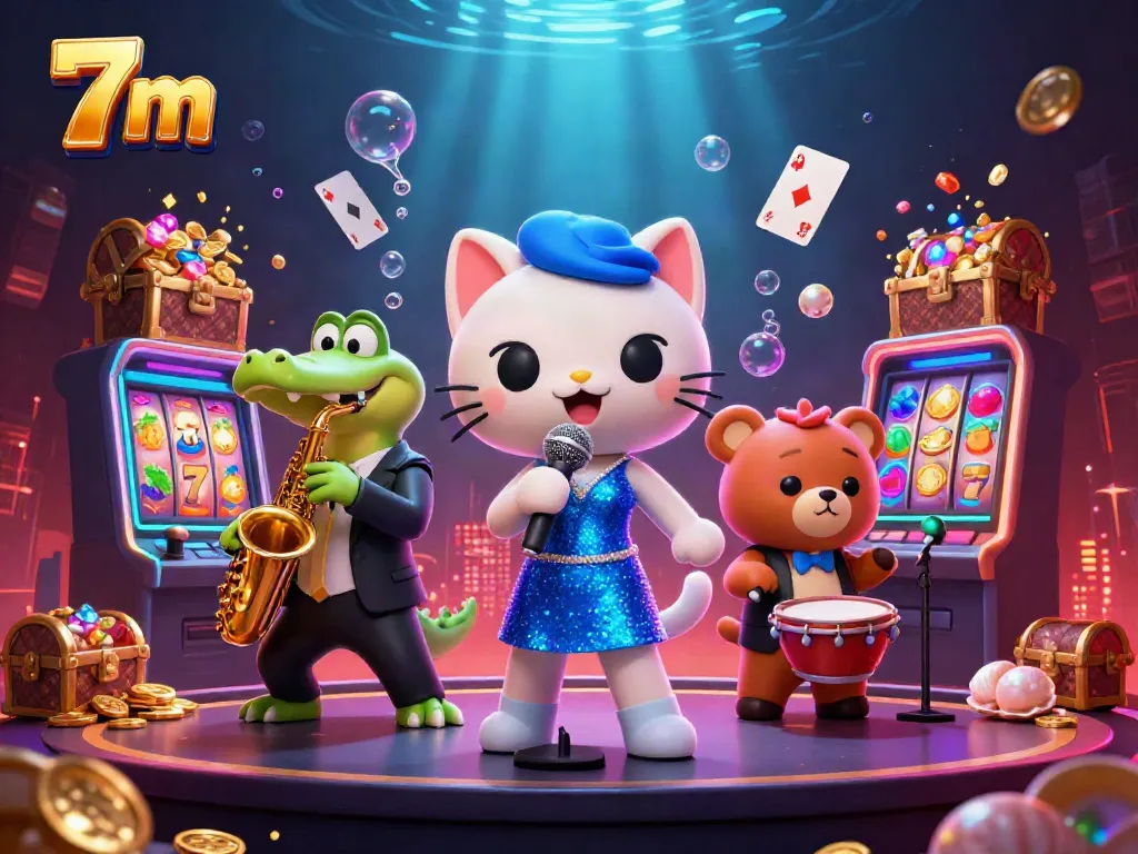 Experience thrilling casino vibes with 7 m amidst vibrant characters and dazzling slots.