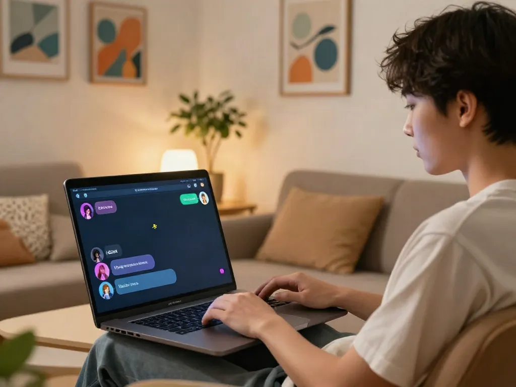 Engaging in NSFW AI chat on a laptop in a cozy living room.