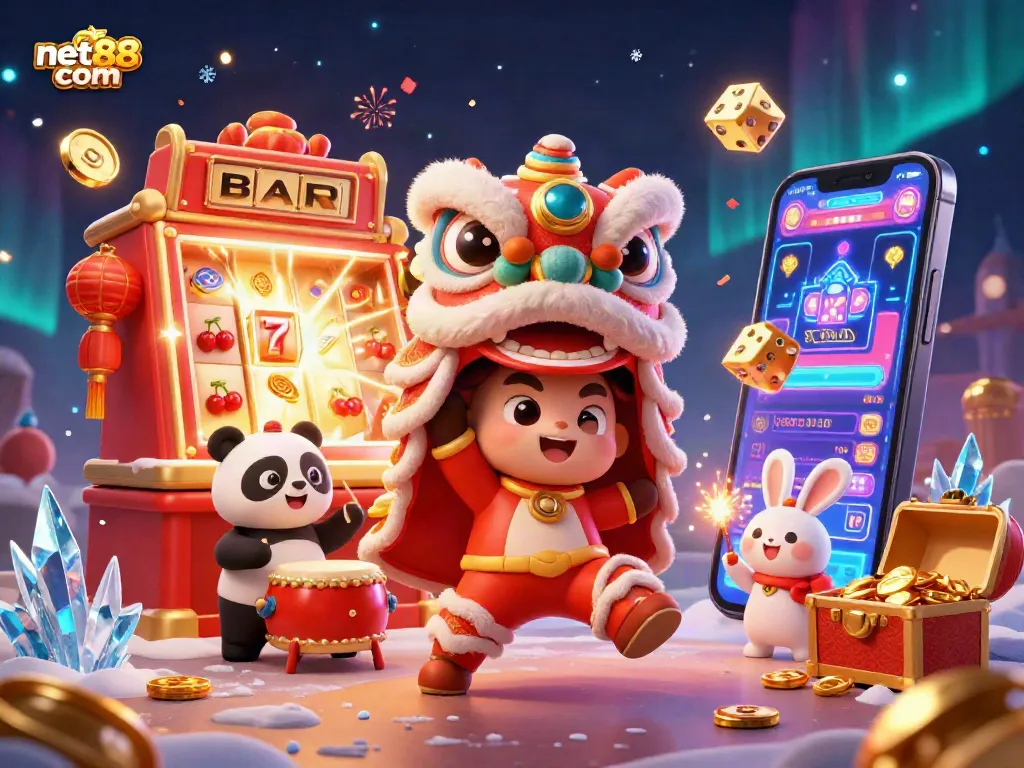 Engage with the exciting world of net88 com through vibrant casino elements, including a dancing lion and exploding jackpots.