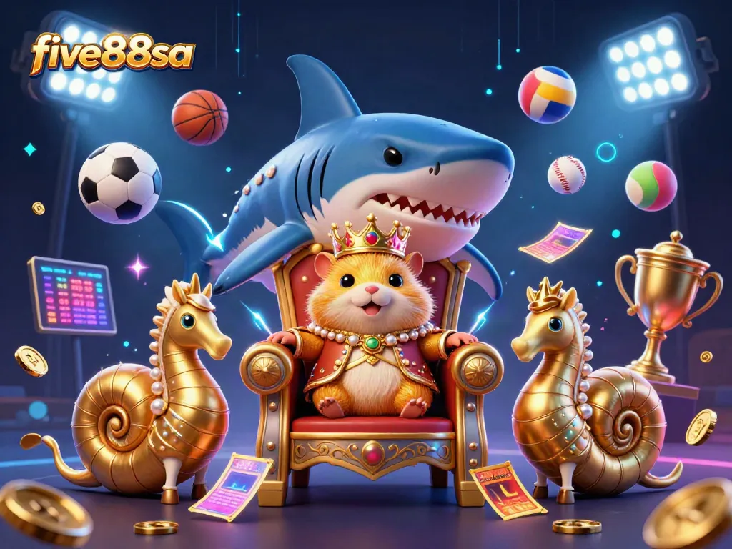 Experience the excitement of five88sa through a vibrant 3D casino illustration showcasing a golden hamster king amidst dynamic sports elements.