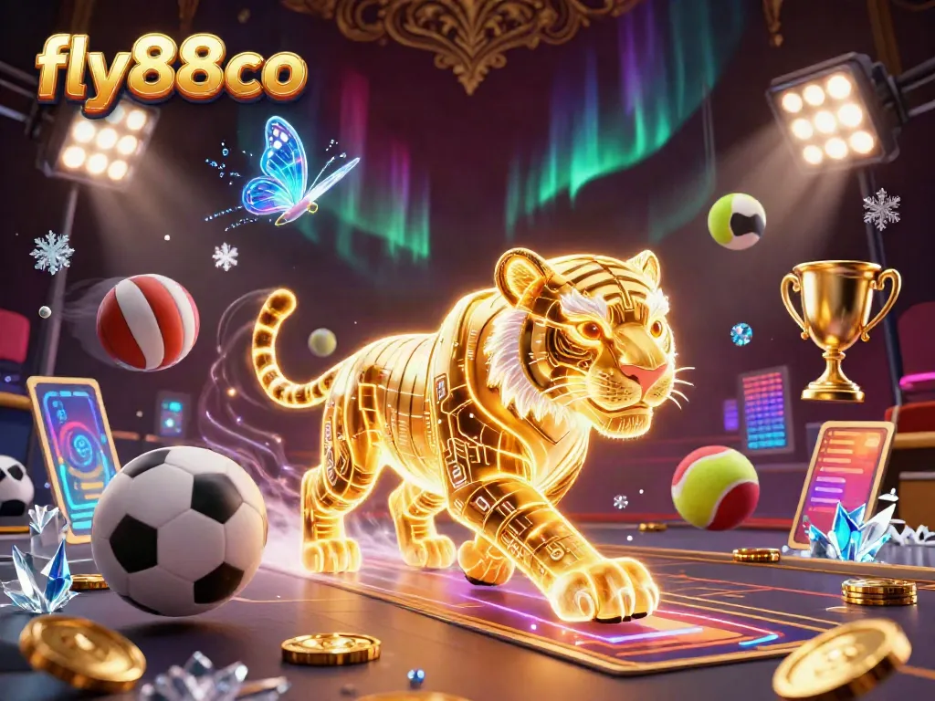 Experience the thrill of play with fly88co's vibrant casino scene featuring a golden tiger and dynamic sports elements.