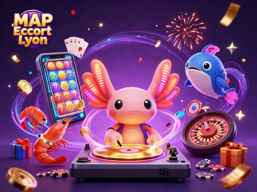 Engage with MAP Escort Lyon vibes as colorful characters celebrate with slot games and festive coins.