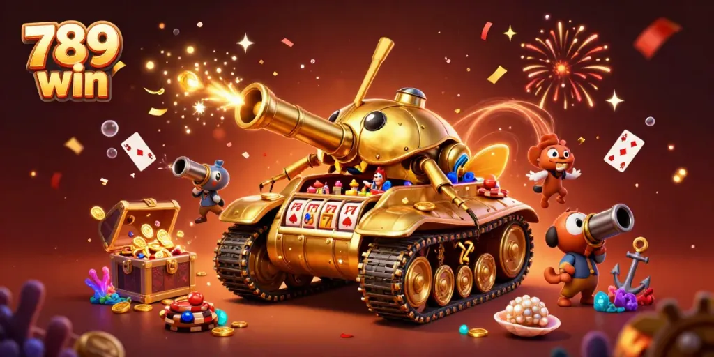 Experience the vibrant 789 win scene with a golden beetle tank revealing a mini casino amid confetti and playful game elements.