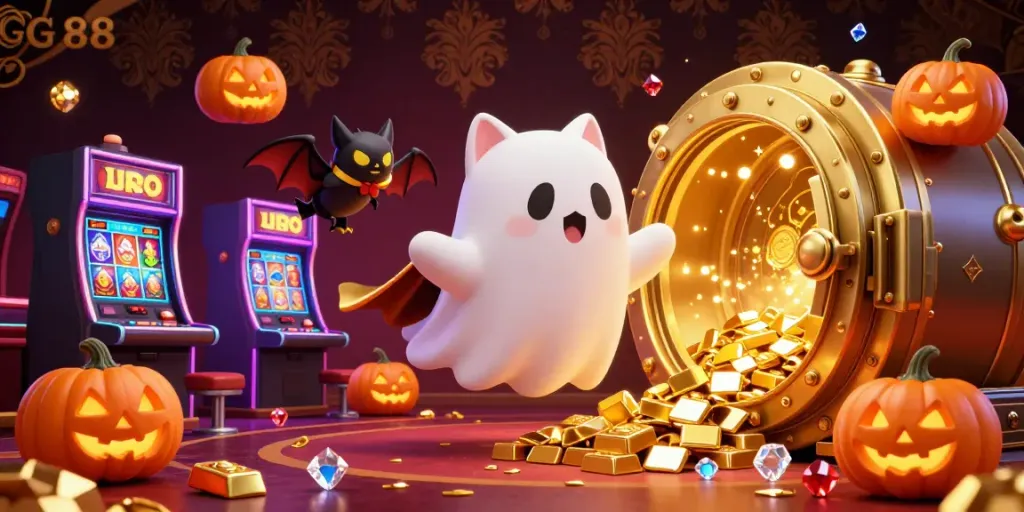 Join in the fun at GG 88 with this vibrant scene featuring a friendly ghost cat and spooky elements, highlighting the casino's excitement.