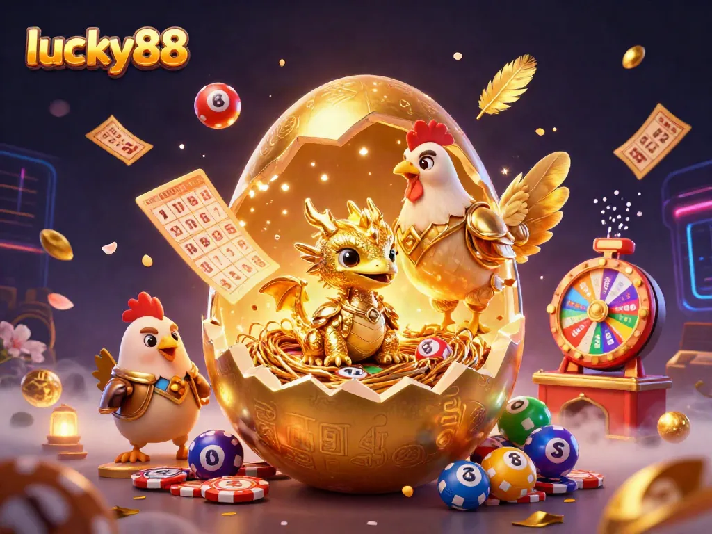 Win big with lucky88 in this vibrant 3D casino illustration featuring golden dragon and dynamic bonuses.