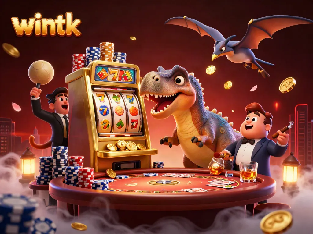 Wintk casino features a pachycephalosaurus celebrating jackpot wins amidst vibrant slot machine gameplay.