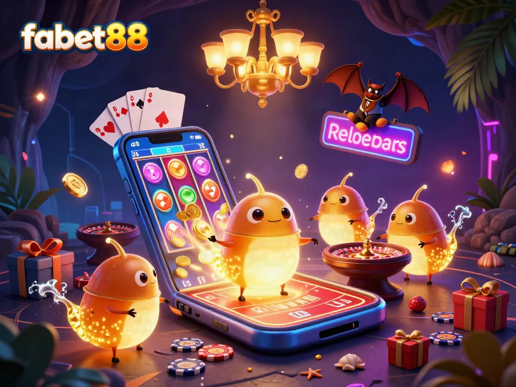 Experience fabet88's vibrant cave casino, featuring glowing worms and engaging gaming elements.